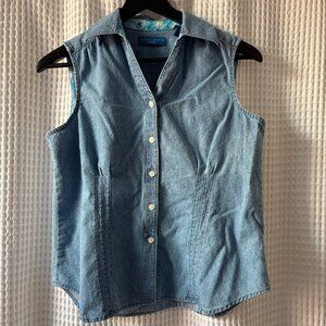 Karen Scott Sport small denim pintucked sleeveless top cottage western summer